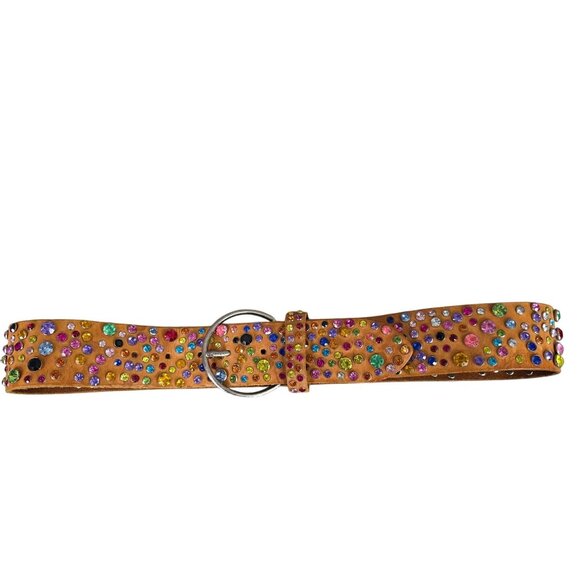 Genuine Leather Belt Multicolored Rhinestones & Polished Ring Buckle Size M 43" - Picture 1 of 6
